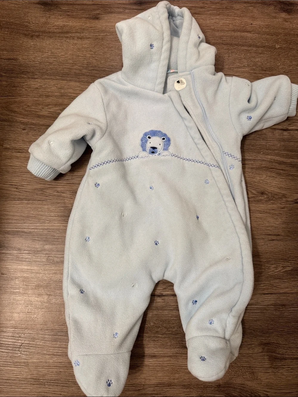 Cozy Light Blue Hooded Baby One-Piece with Bear Embroidery